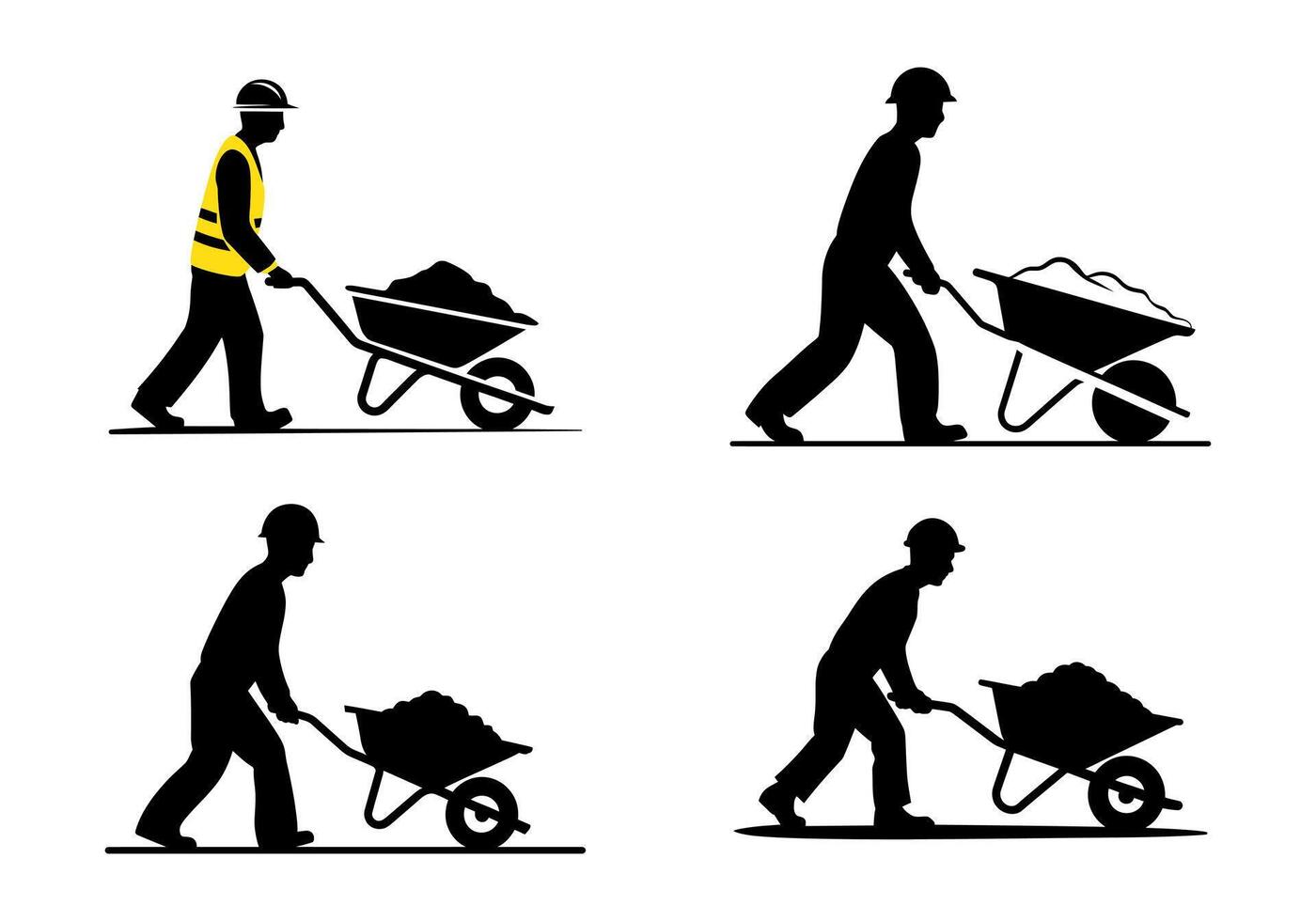 Construction Workers Pushing Wheelbarrows Four Silhouette Illustrations vector