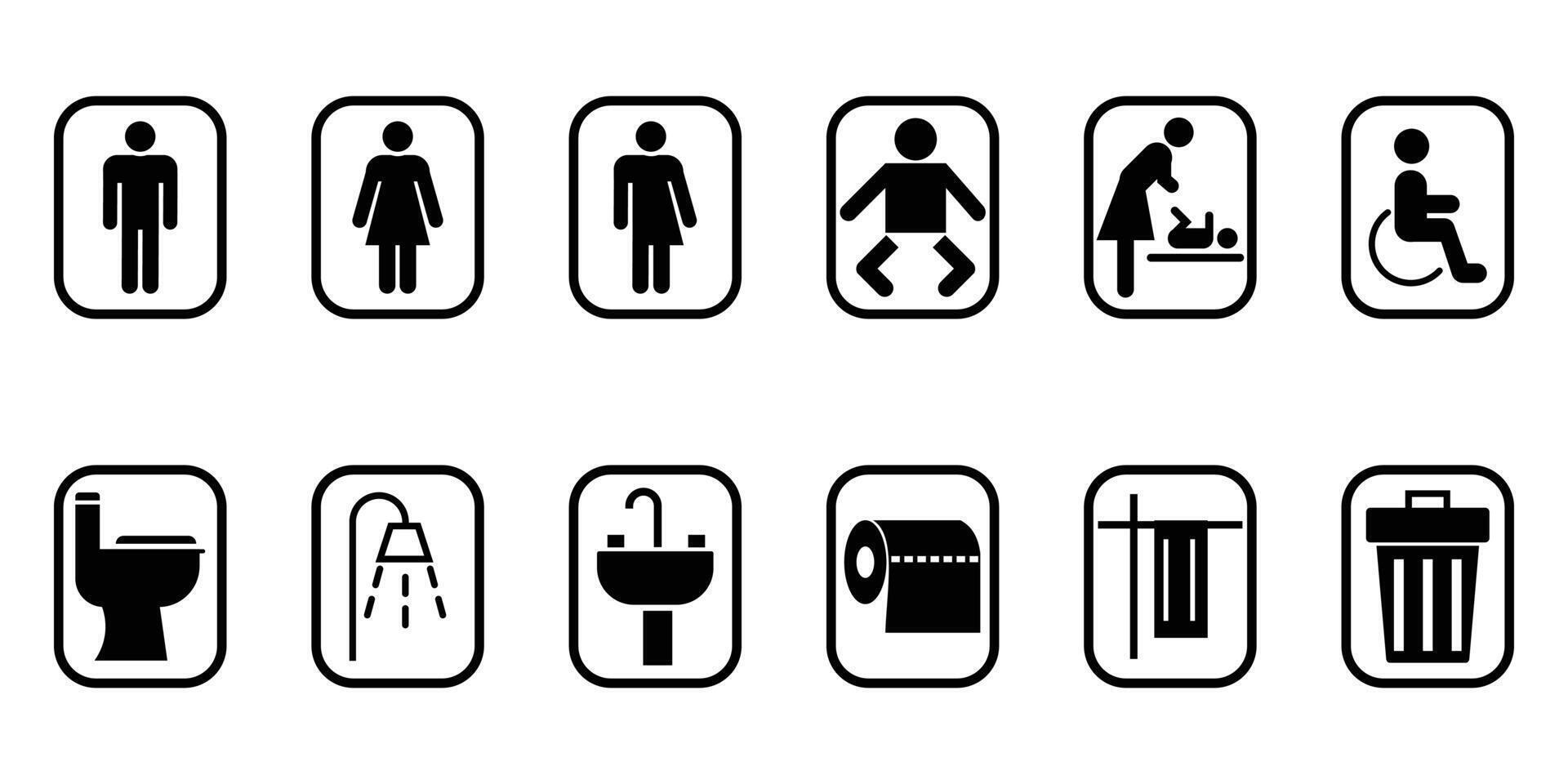 Toilet Room Icon Set. Bathroom, Restroom Pictogram. Toilet and Bathroom Icons Set. Sanitary Symbol. Set of restrooms, toilet icon collection. Toilet for man, female, disabled. vector