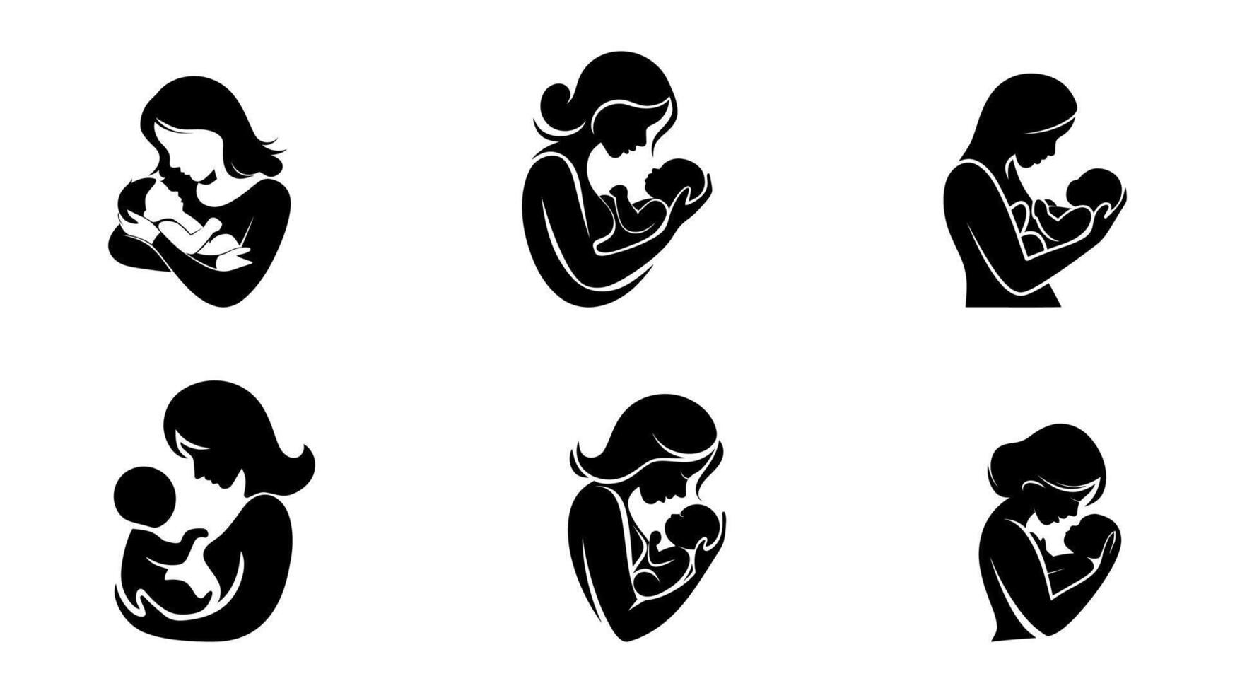 A Set Of Six Black Silhouette Icons Depicting Mothers Lovingly Holding Their Babies. vector