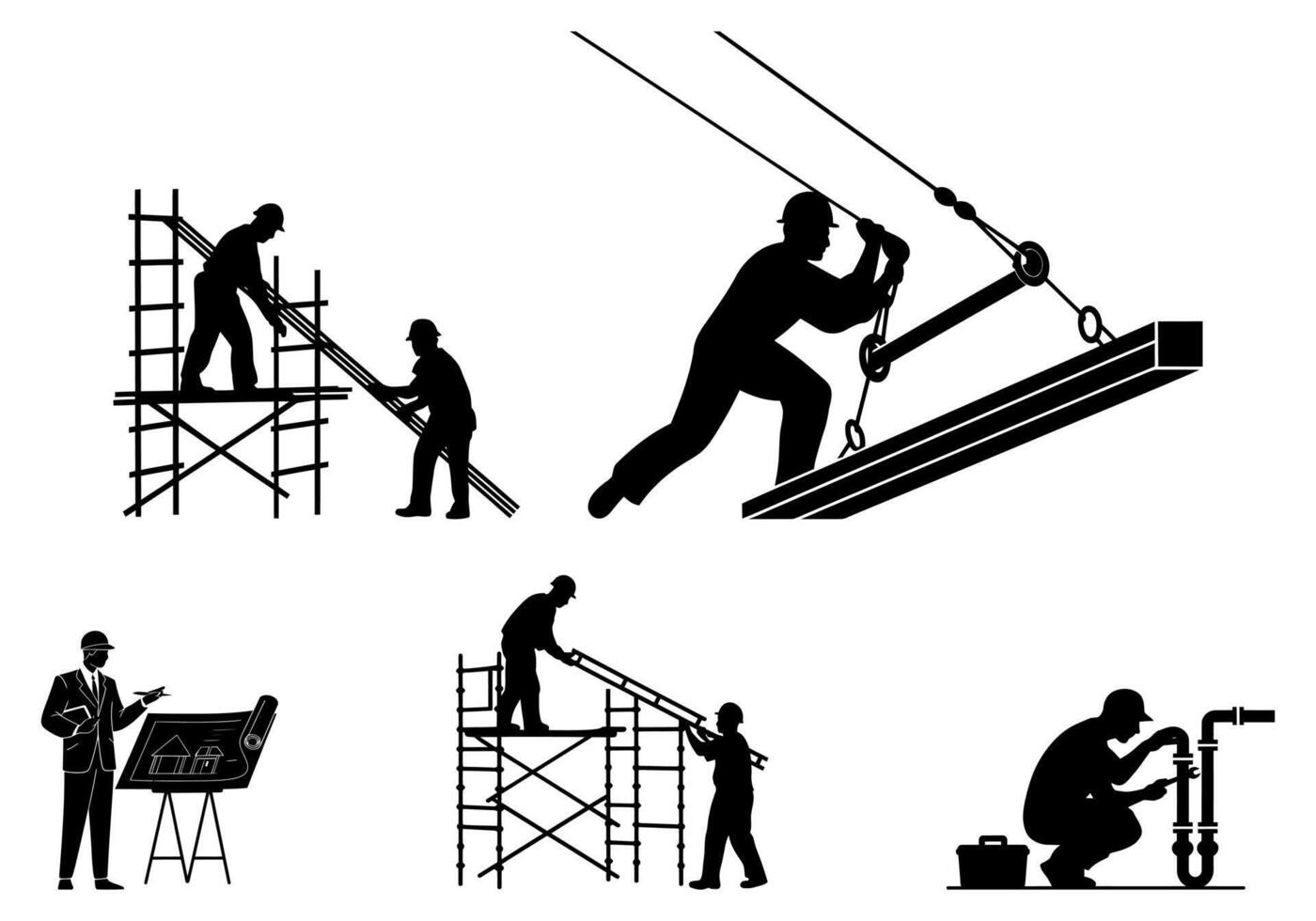 Construction Workers in Various Stages of Building Project vector