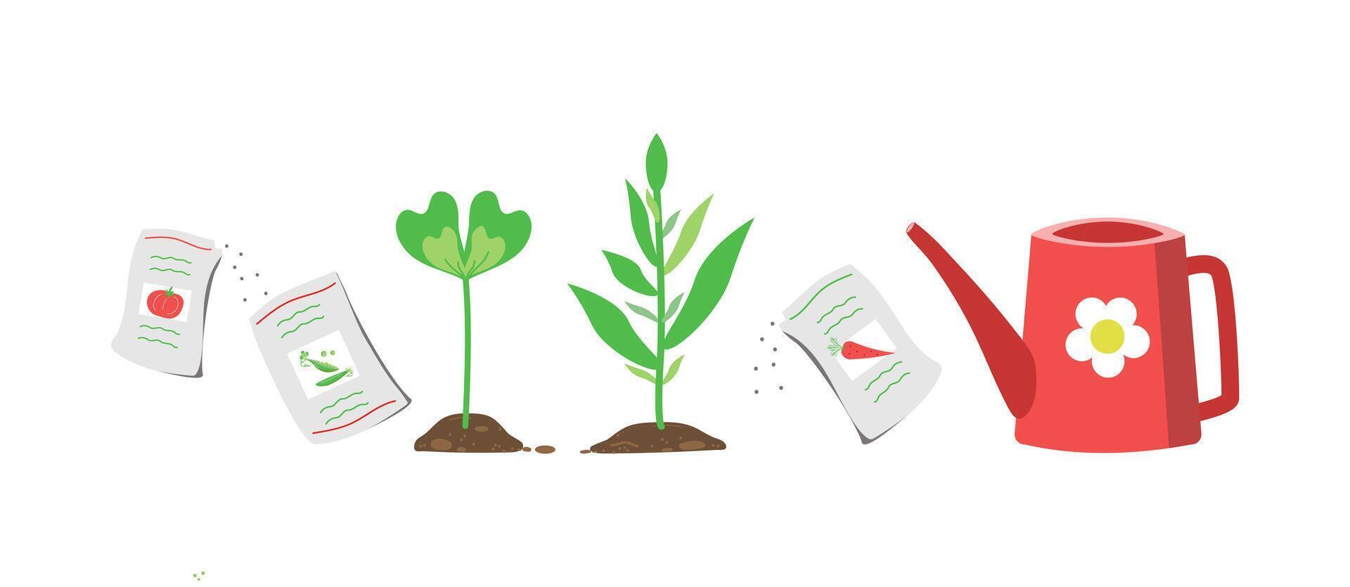 Gardening set. Plant care. Spring time. Seeds, sprouts, soil, watering can. Color flat illustration. vector