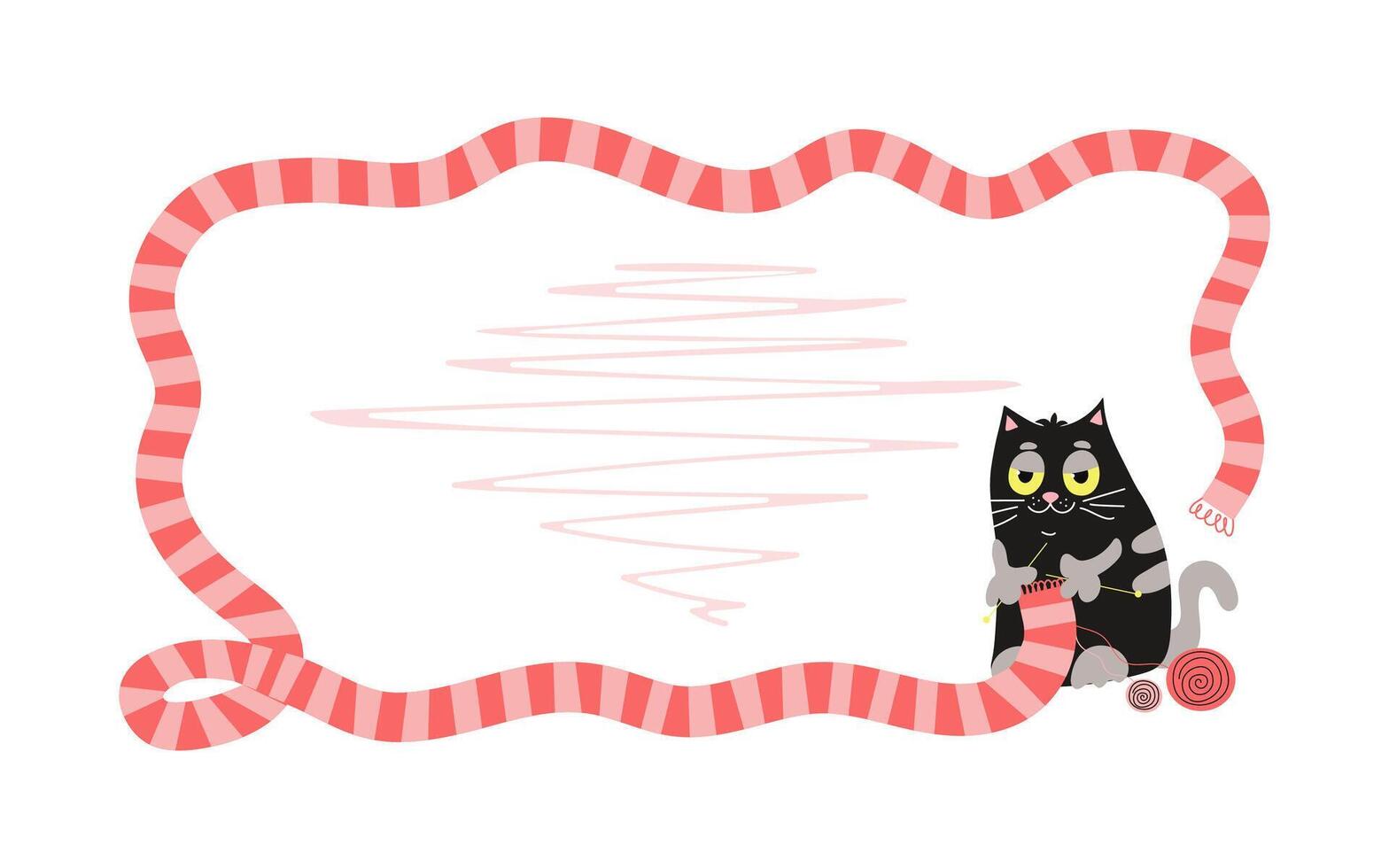 Frame Cat knits a long scarf. Banner, handmade, hobby. Knitting, knitting needles, ball of thread. Skein of yarn. Warm knitted scarf, clothes. Place for inscription. White isolated background. vector