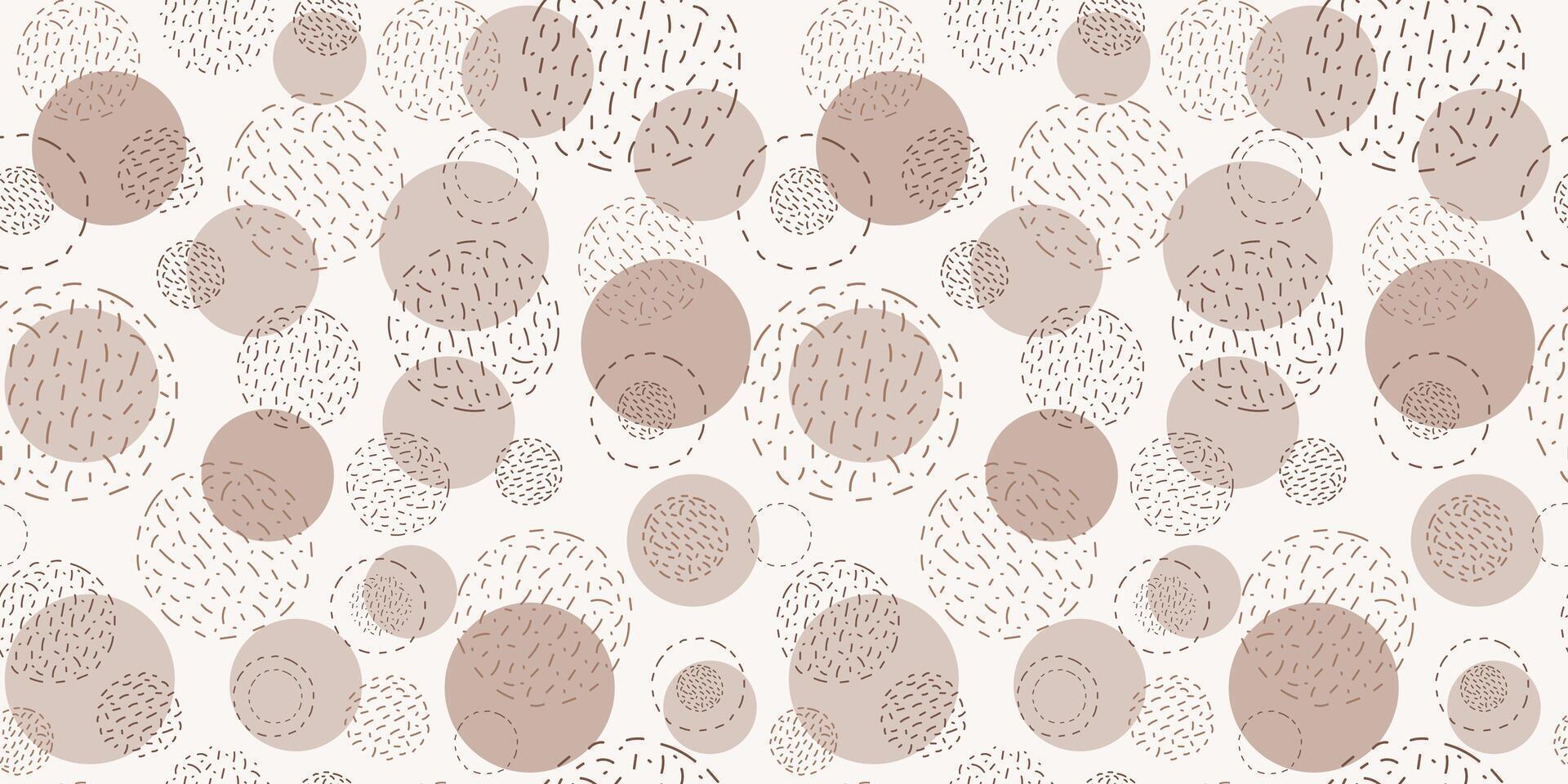 Abstract geometric seamless pattern. Shapes, strokes, spots, circles. Balls of thread. Simple texture. Repeating graphic background for wallpaper, packaging, textile in colors of 2025, mocha mousse. vector