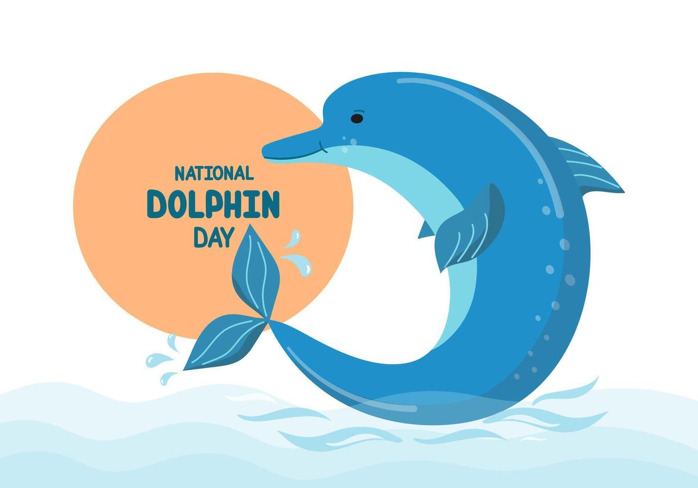 Dolphin in water. National Dolphin Day. Flat design banner, poster, flyer with hand lettering. April 14. World Aquatic Animals Day. Environment conservation typography poster. vector