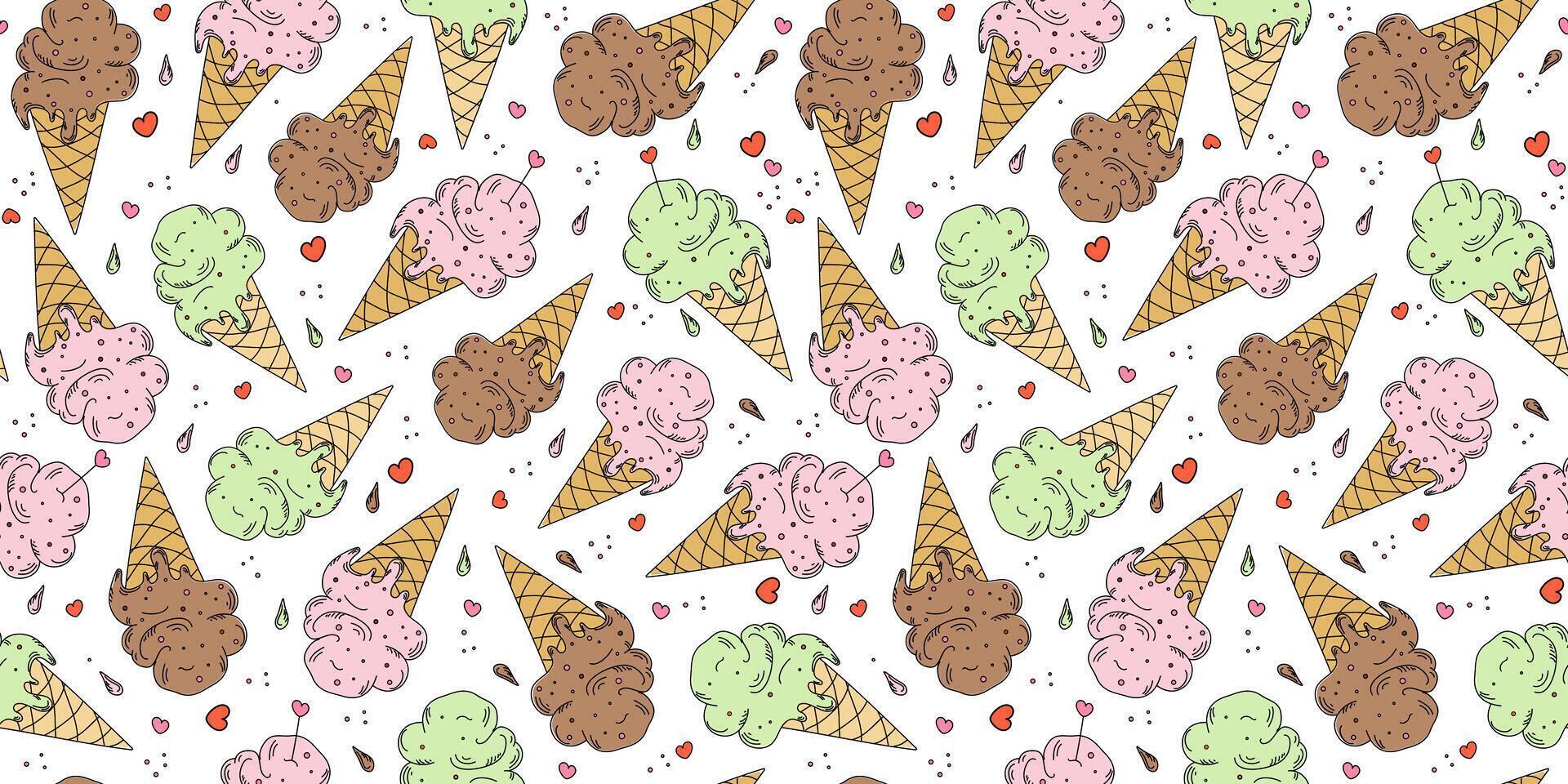 Drawings, doodle ice cream pattern. Food, dessert. Multicolored ice cream in a waffle cone. Hand drawn linear icon. Seamless repeating background. vector
