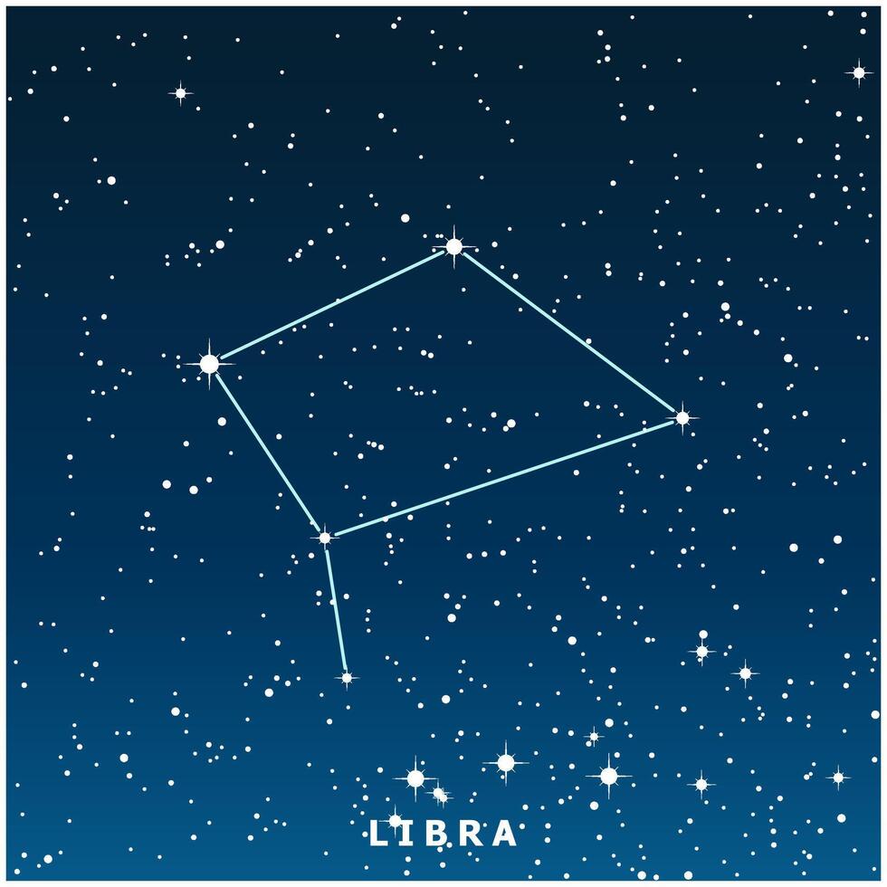 A dark blue illustration of the Libra constellation with glowing stars vector