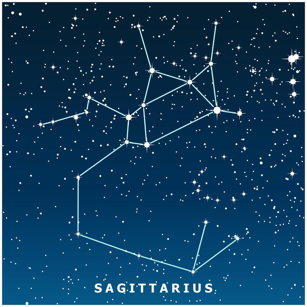 A dark blue illustration of the Sagittarius constellation with glowing stars vector