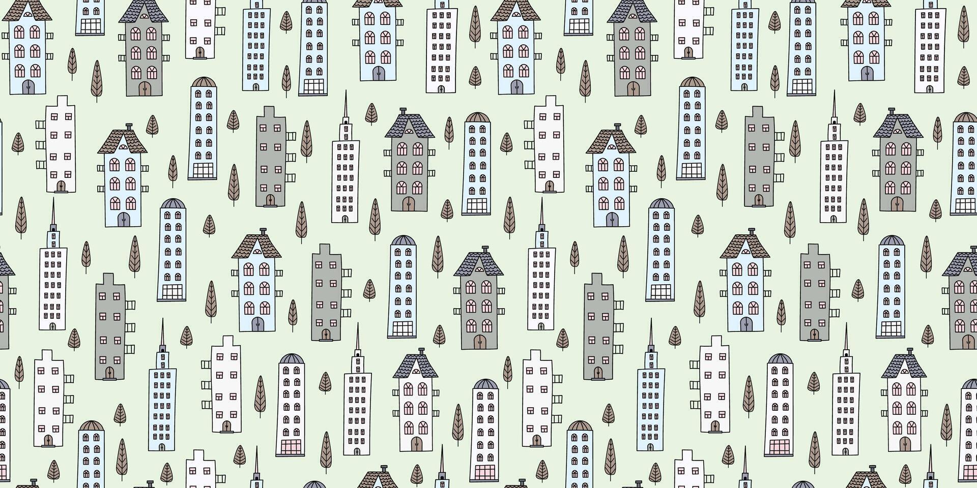 Pattern seamless. Hand drawn cartoon city, trees. Architecture, construction. Drawing cute colorful old houses, street. Drawing, doodle. Repeating background for decor, textile, wallpaper. vector