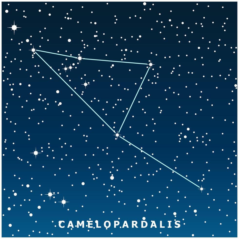 A dark blue illustration of the Camelopardalis constellation with glowing stars vector