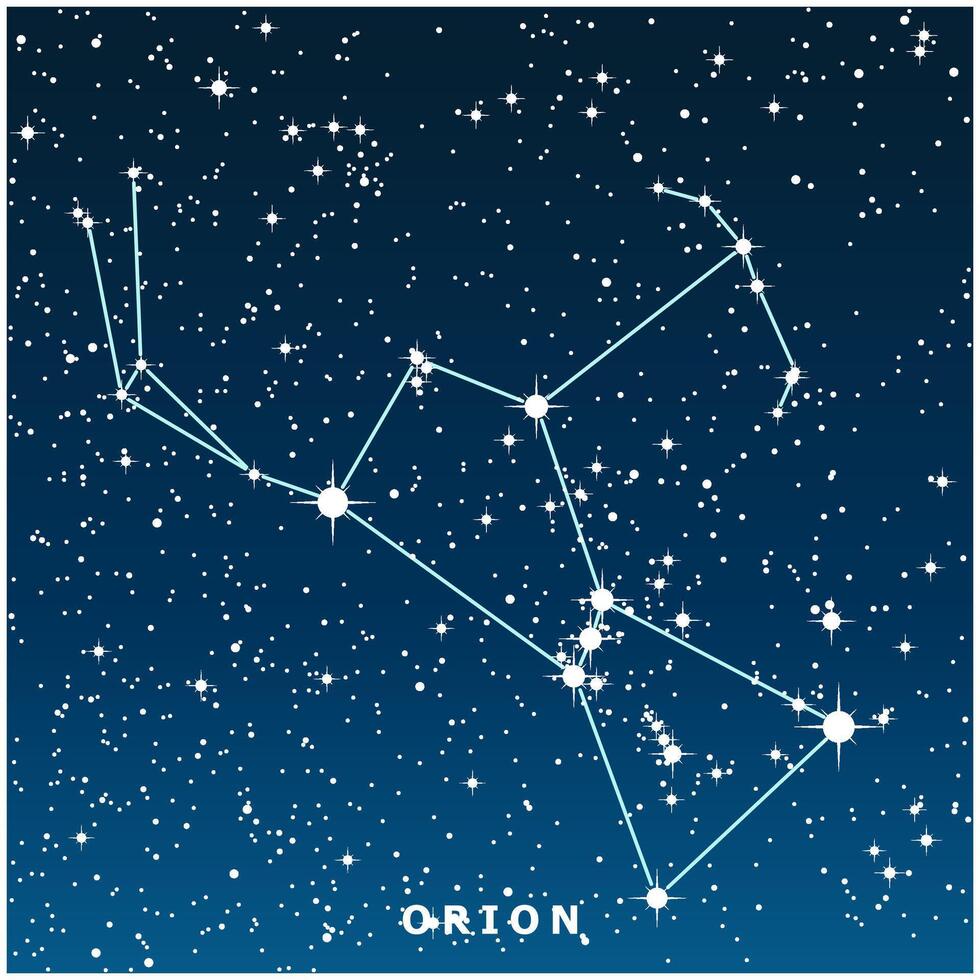 A dark blue illustration of the Orion constellation with glowing stars vector