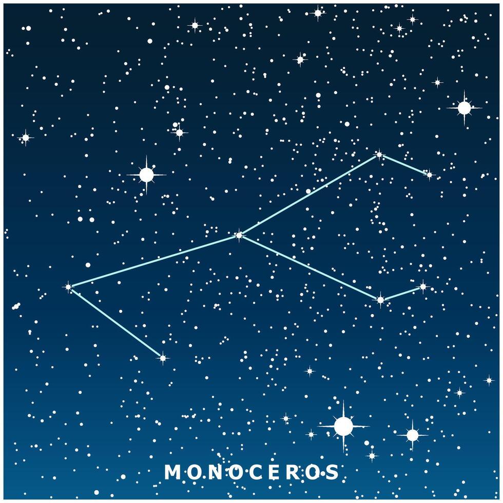 A dark blue illustration of the Monoceros constellation with glowing stars vector