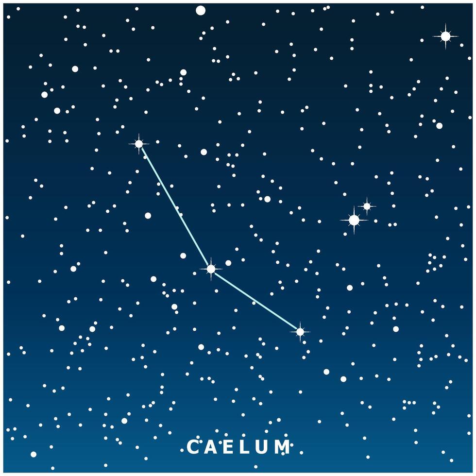 A dark blue illustration of the Caelum constellation with glowing stars vector