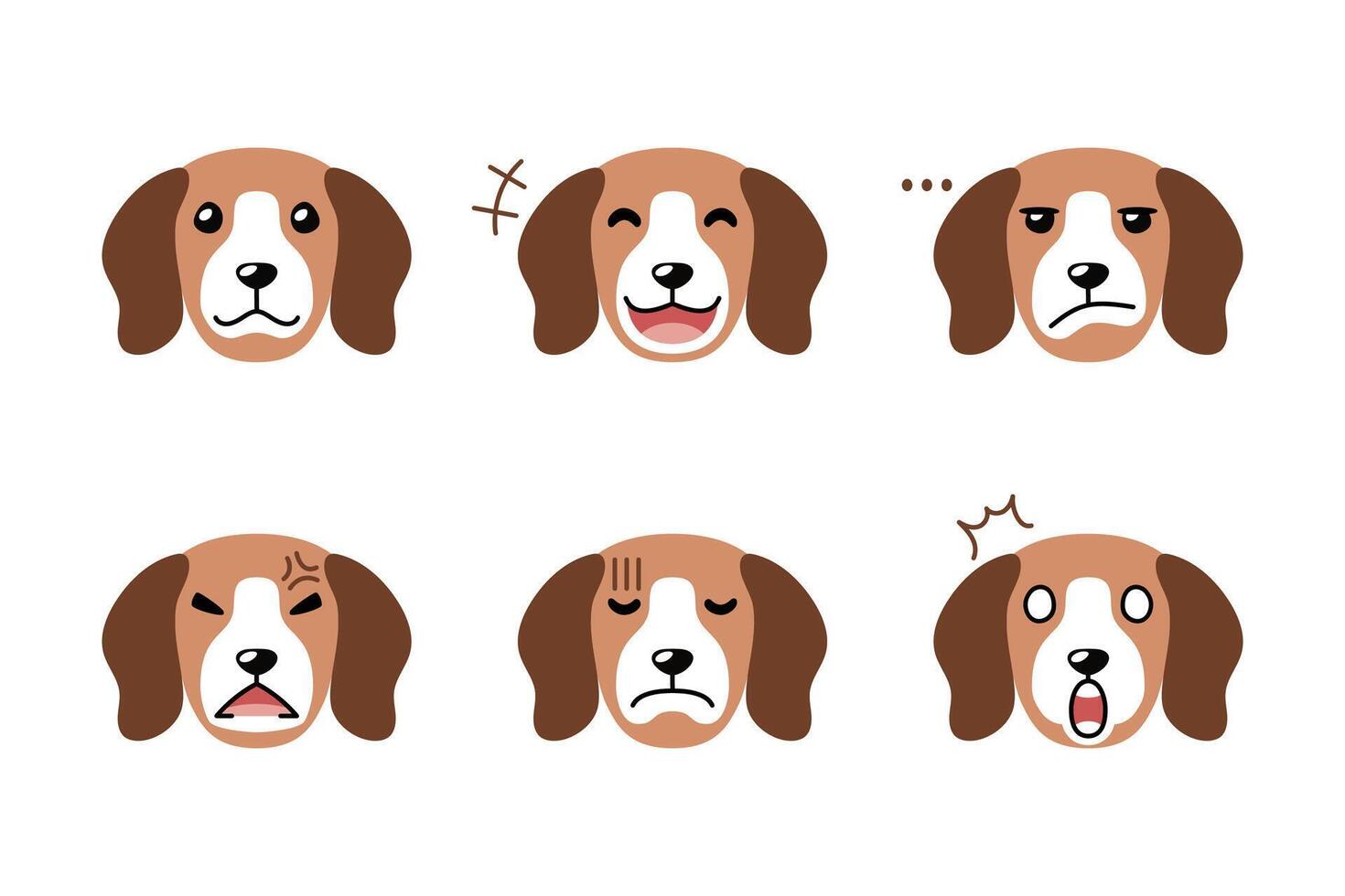 Set of cute character cute beagle dog faces showing different emotions for design. vector
