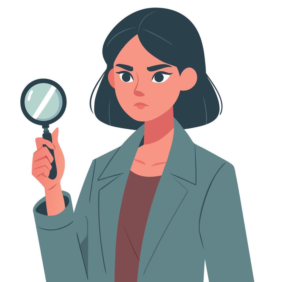 Young woman holding magnifying glass. Explore research and information concept vector