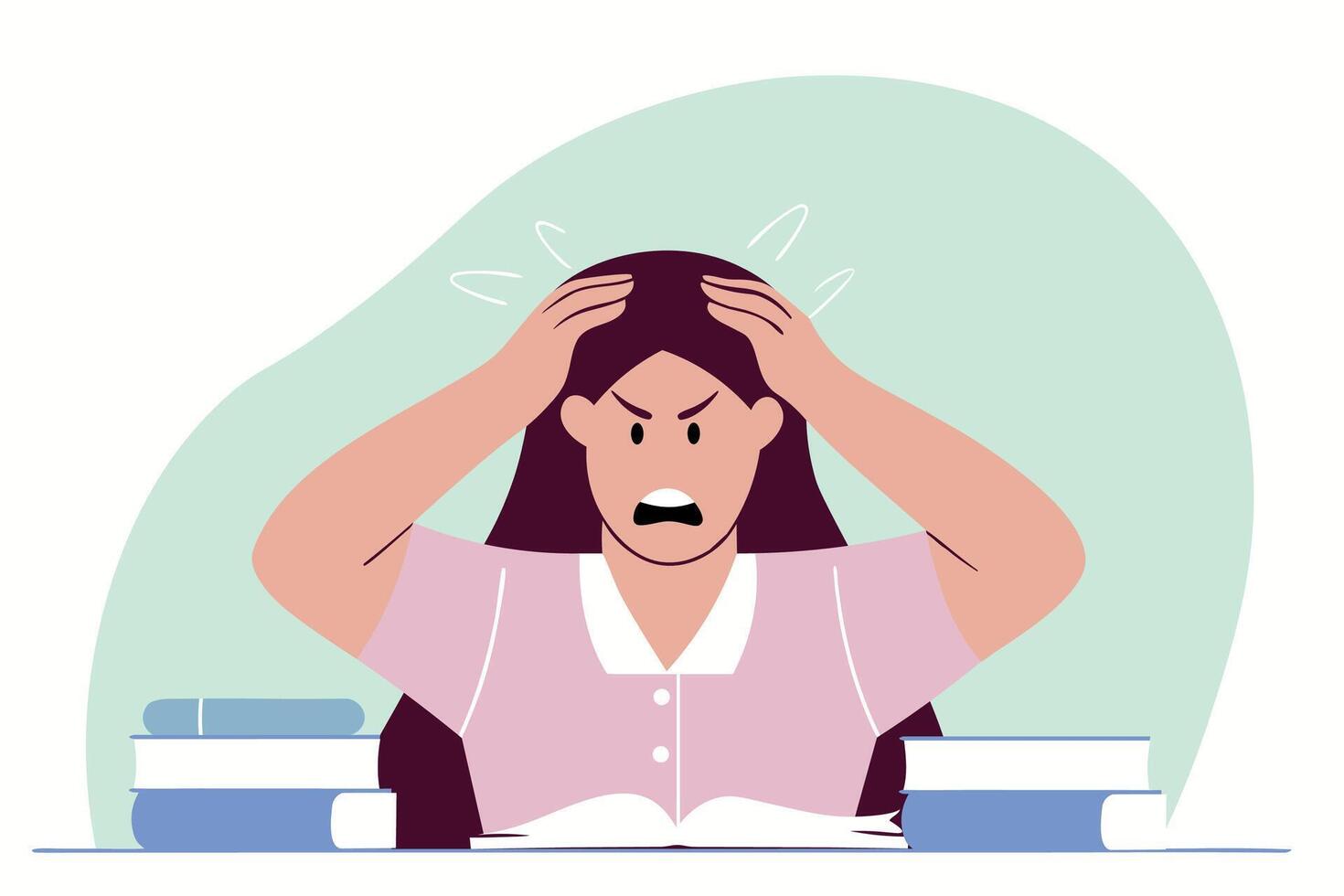 Female student stressed out about exams. Learning process. Exams preparation vector
