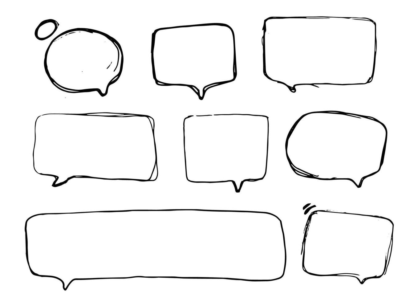 Collection of hand-drawn speech bubbles in different shapes and sizes with a rough, sketchy style. Ideal for comics, doodles, chat designs, stickers, and creative projects. vector