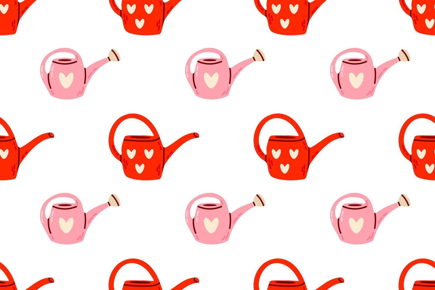Seamless pattern of red and pink watering cans. Hand-drawn background for gardening, textiles, and nature-themed designs. vector