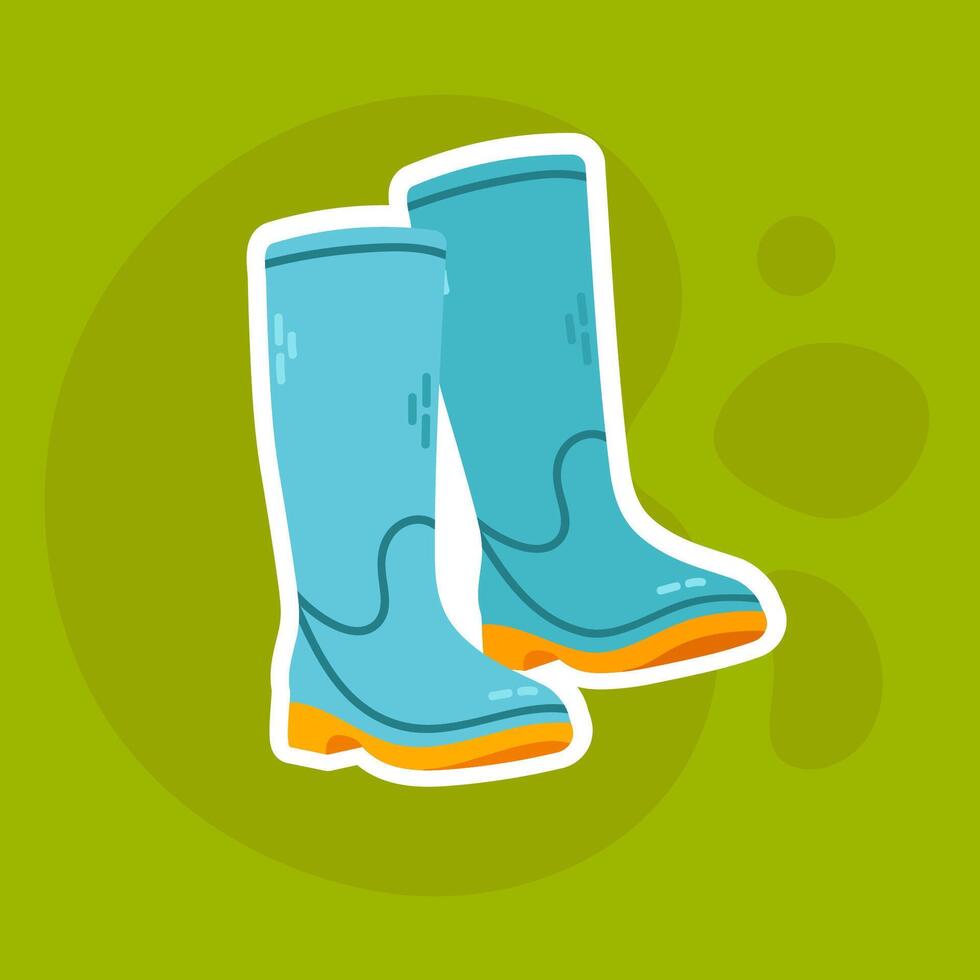 Sticker of cute blue Rubber boots on green background flat illustration vector