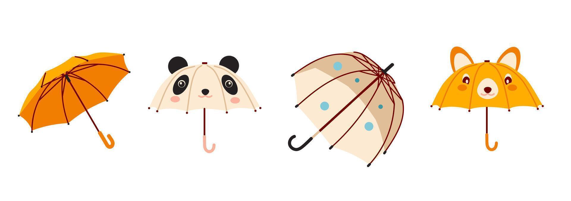 Various umbrella set. Open, folded, and closed umbrellas. Illustrations set. Parasols for rainy weather. Rain protection accessories. vector