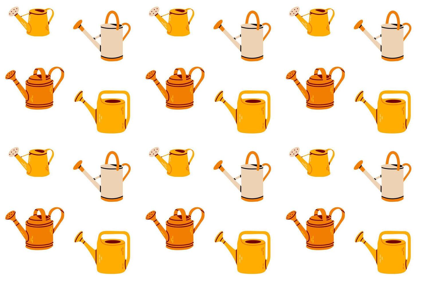 Seamless pattern of yellow and orange watering cans. Hand-drawn background for gardening, textiles, and nature-themed designs. vector