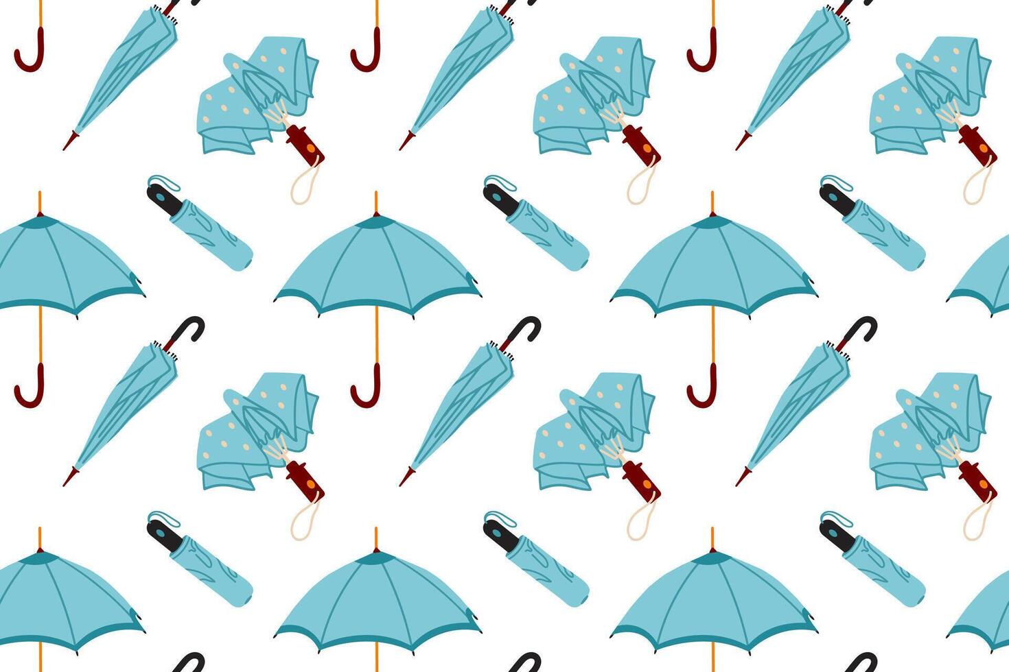 Blue Seamless pattern of various umbrellas. Open, folded, and closed umbrellas. Various positions. Parasols for rainy weather. Rain protection accessories. vector
