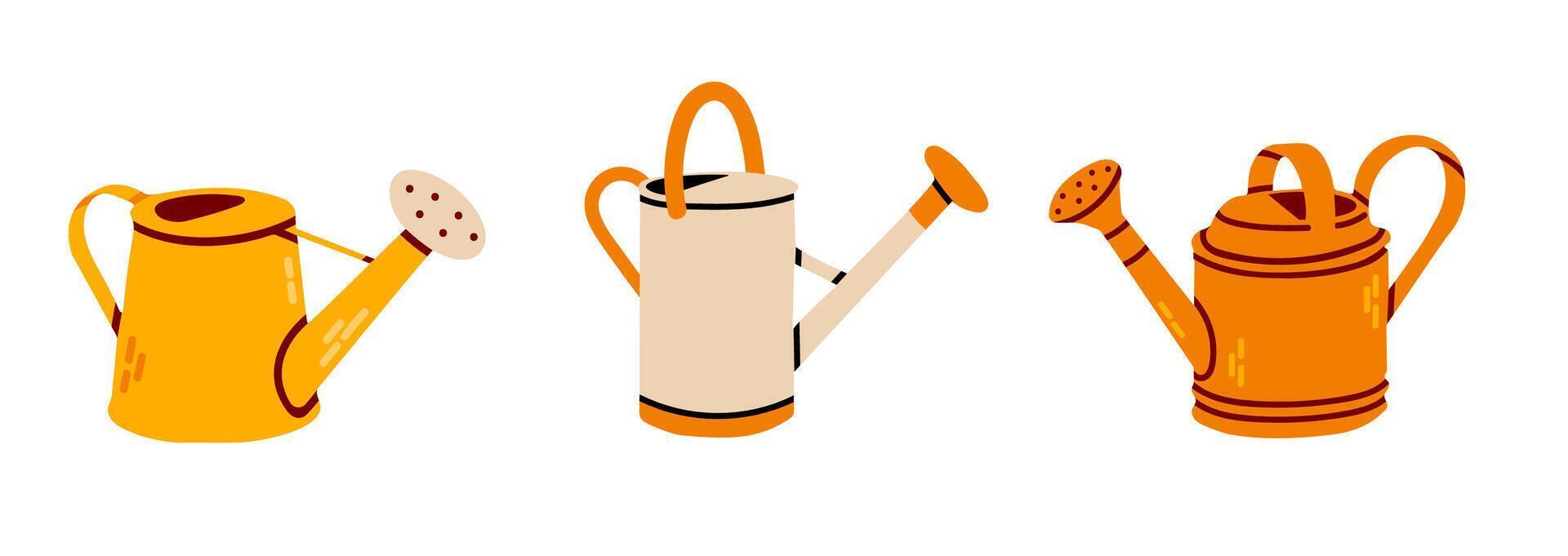 Set of multicolored cartoon watering cans isolated on white background. Clipart collection of gardening tools. Hand-drawn flat elements for stickers. vector