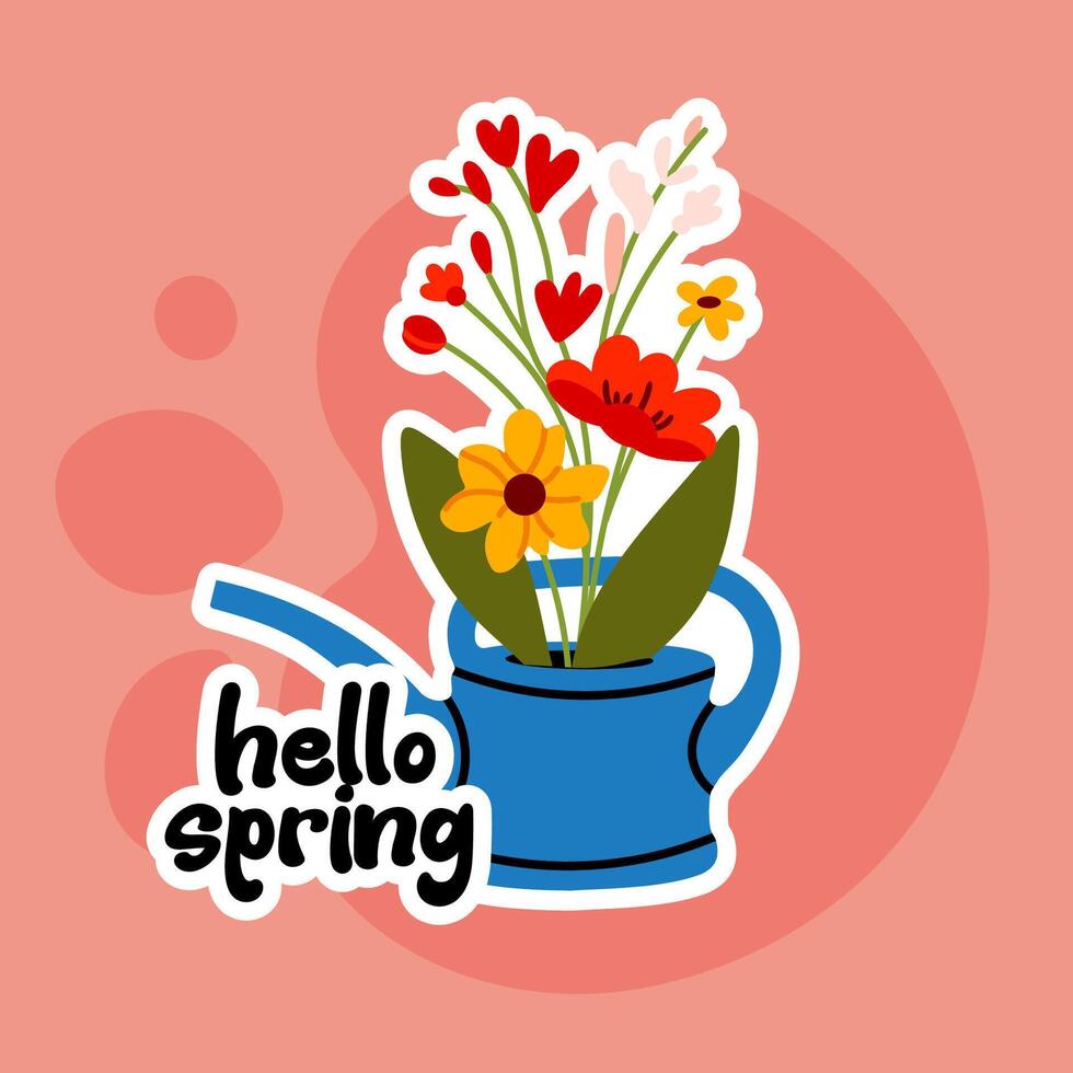 Vibrant blue watering can filled with colorful spring flowers on a peach background vector