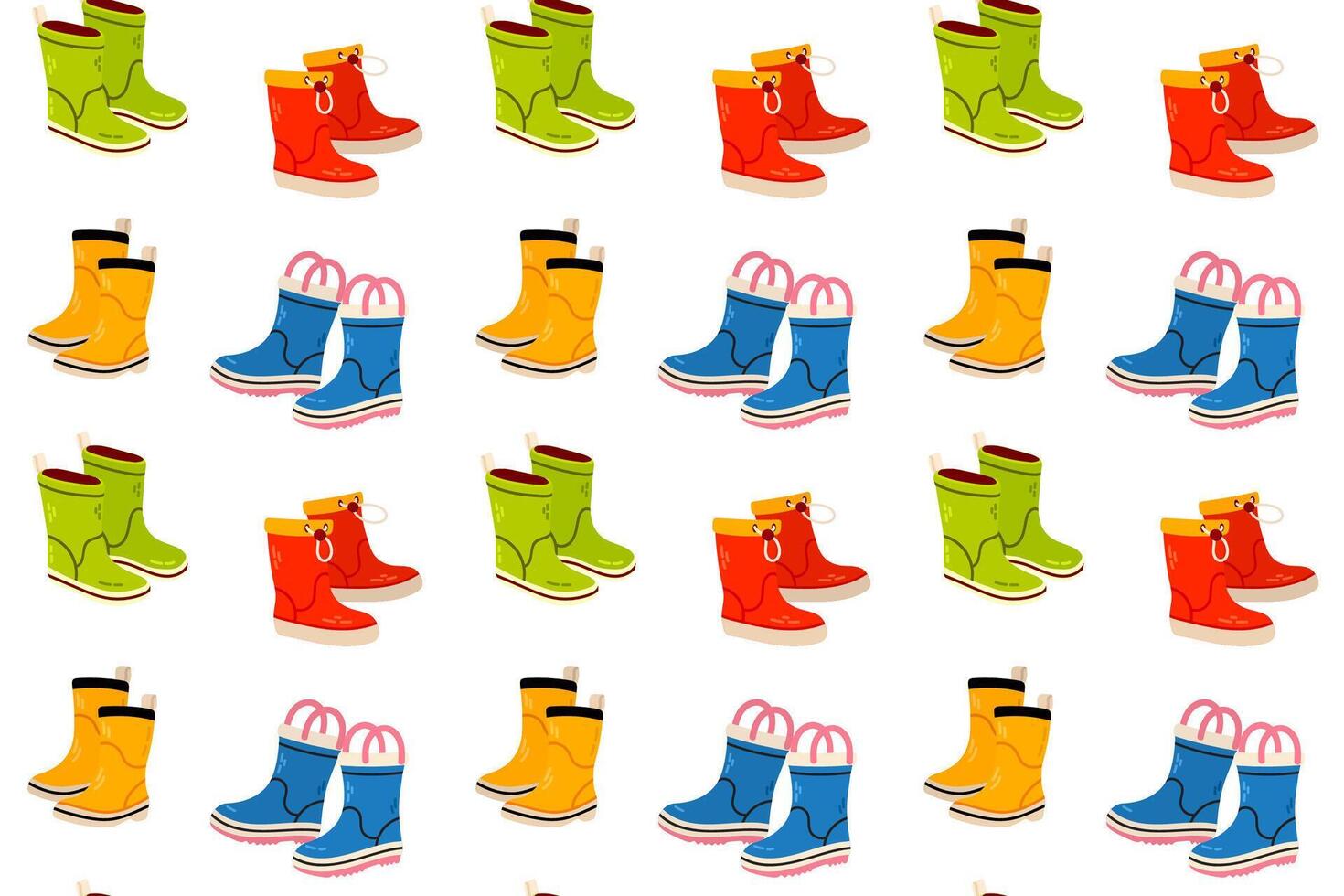 Seamless pattern of various Multicolored rubber boots different color and shape. Rainy weather Shoes vector
