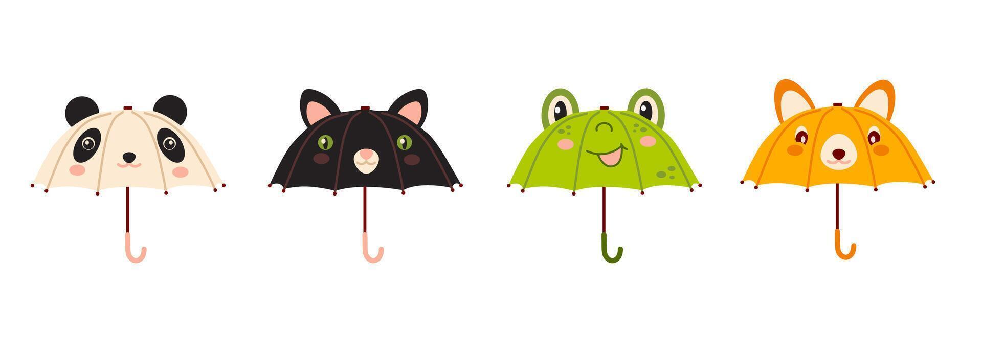 Various kids umbrella set. Open, folded, and closed umbrellas. illustrations set. Parasols for rainy weather. Rain protection vector