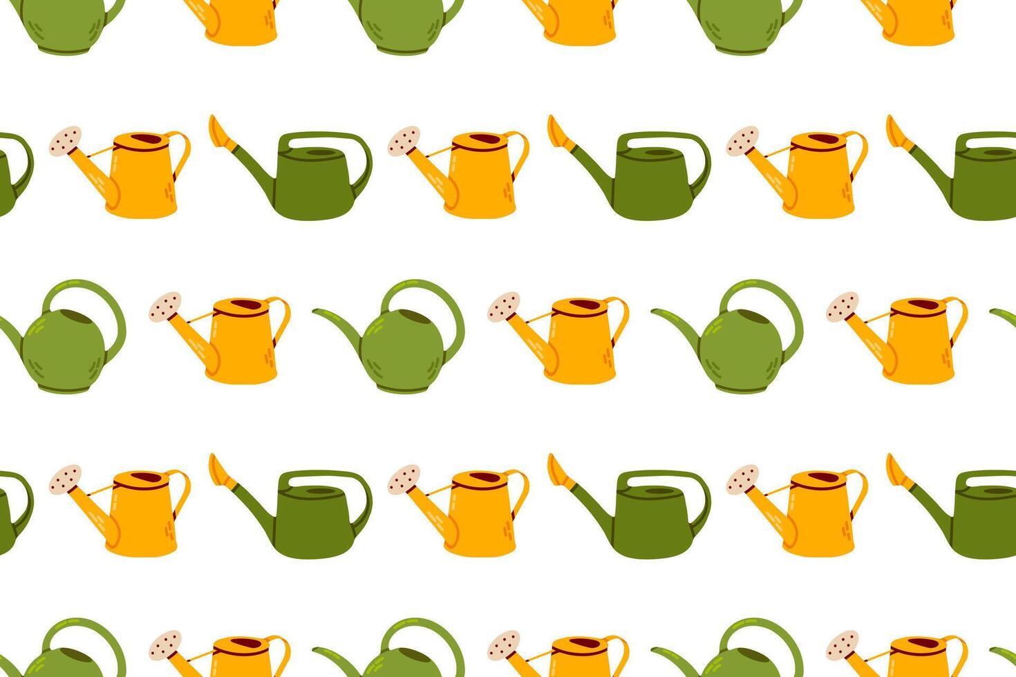 Seamless pattern of yellow and green watering cans. Hand-drawn background for gardening, textiles, and nature-themed designs. vector