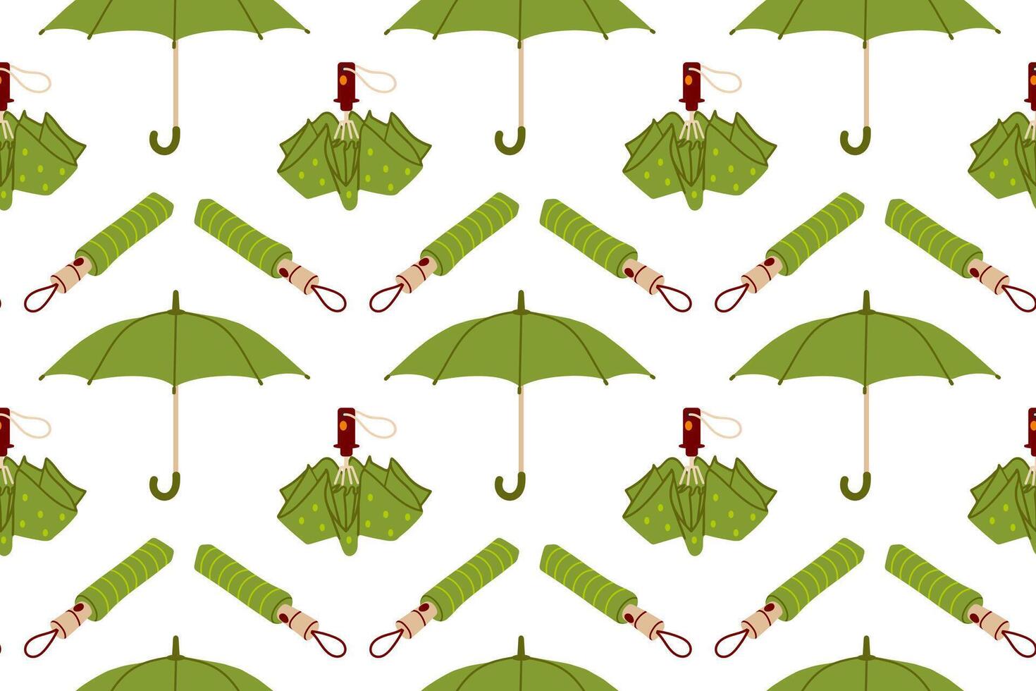 Green Seamless pattern of various umbrellas. Open, folded, and closed umbrellas. Various positions. Parasols for rainy weather. Rain protection accessories. vector