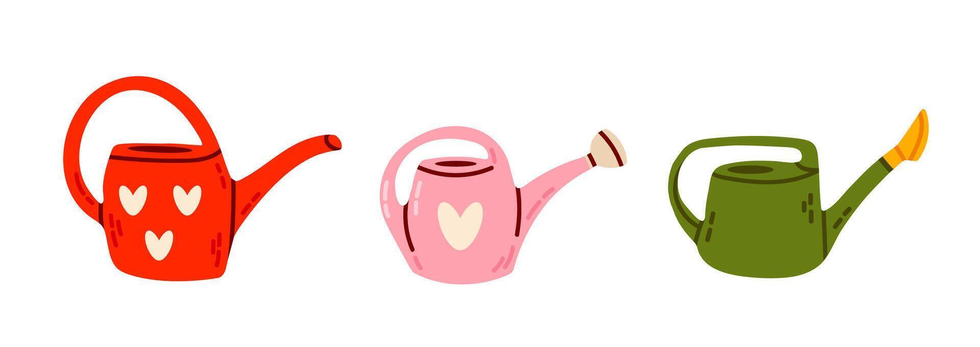 Collection of multicolored cartoon watering cans isolated on white background. Clipart collection of gardening tools. Hand-drawn flat elements for stickers. vector