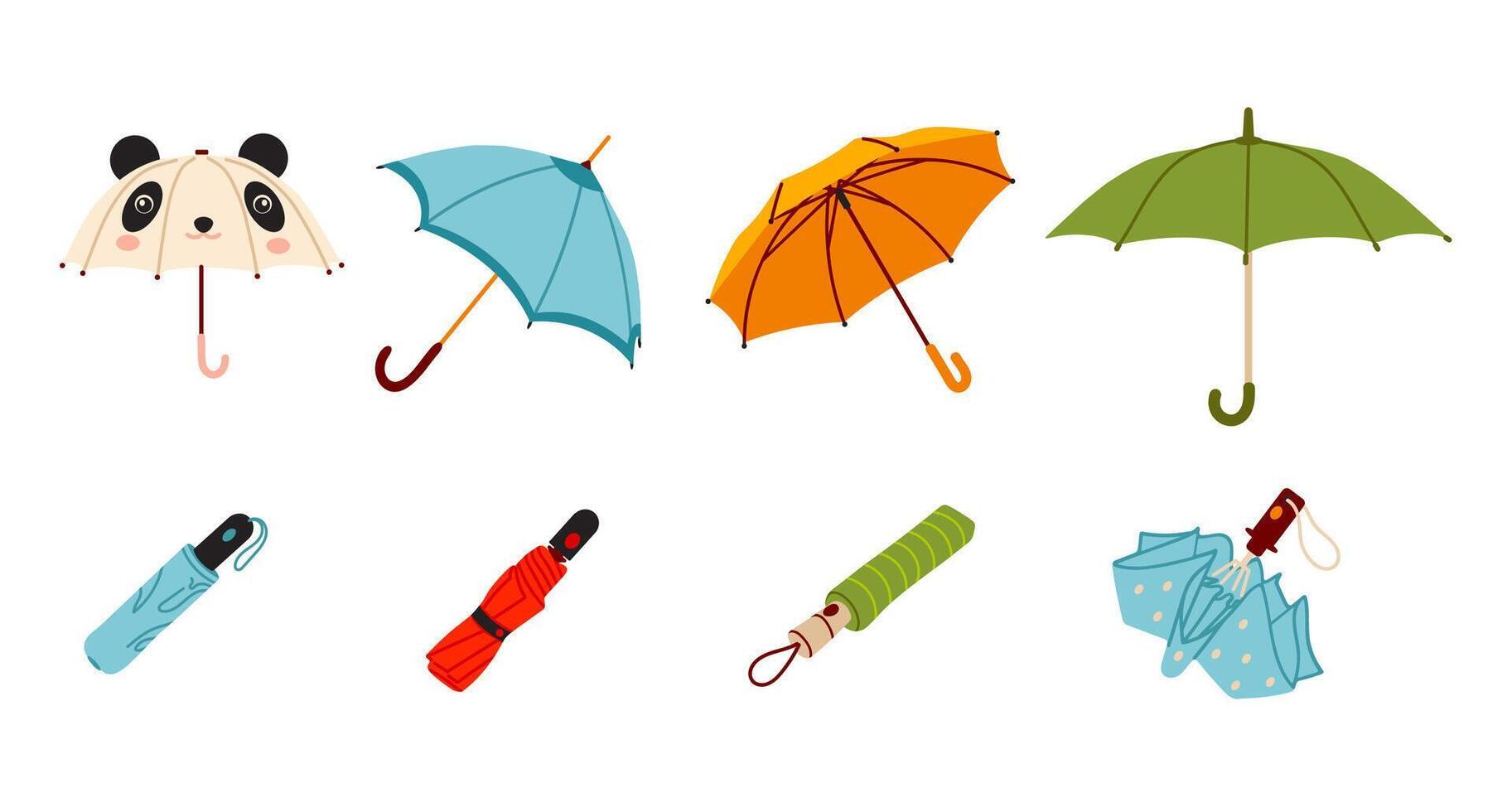 Various umbrella set. Open, folded, and closed umbrellas. Flat illustrations set. Parasols for rainy weather. Rain protection accessories. vector