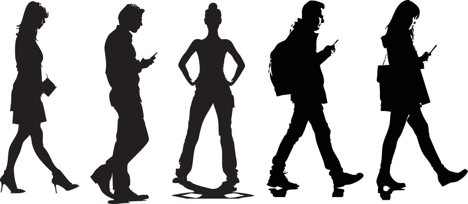 Silhouettes of people walking and using smartphones vector