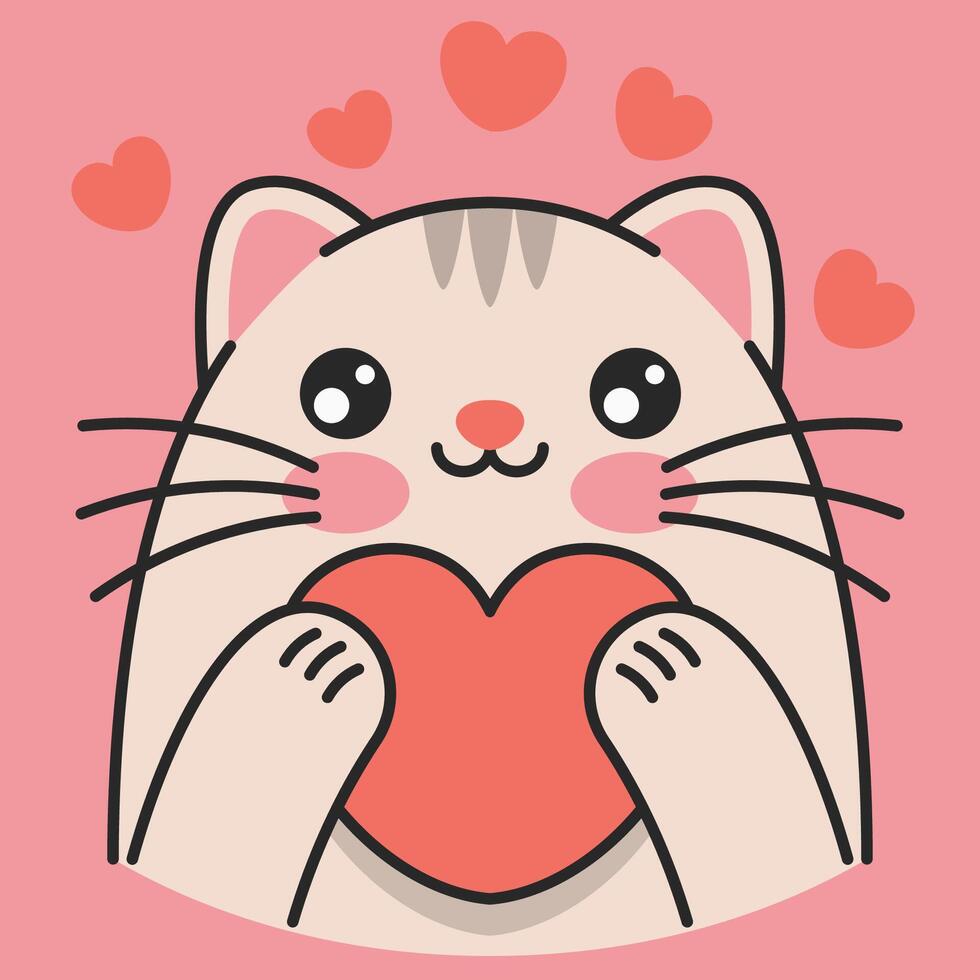 Cute cat holds heart in paws. Valentines day background vector