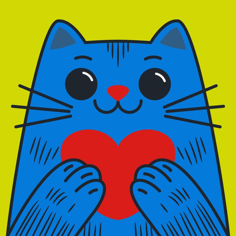 Cute cat holds heart in paws. Valentines day card vector