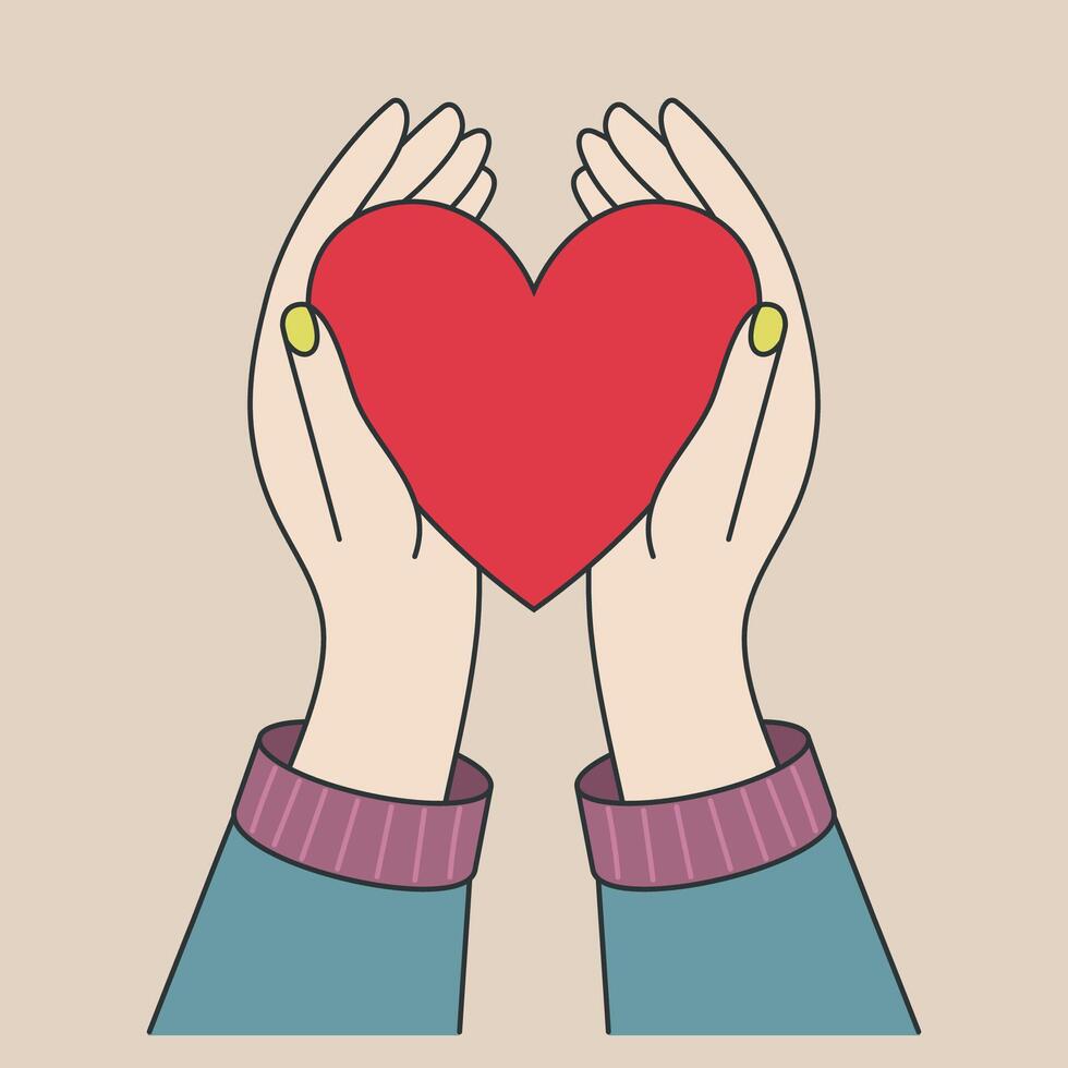 Red heart in female hands vector