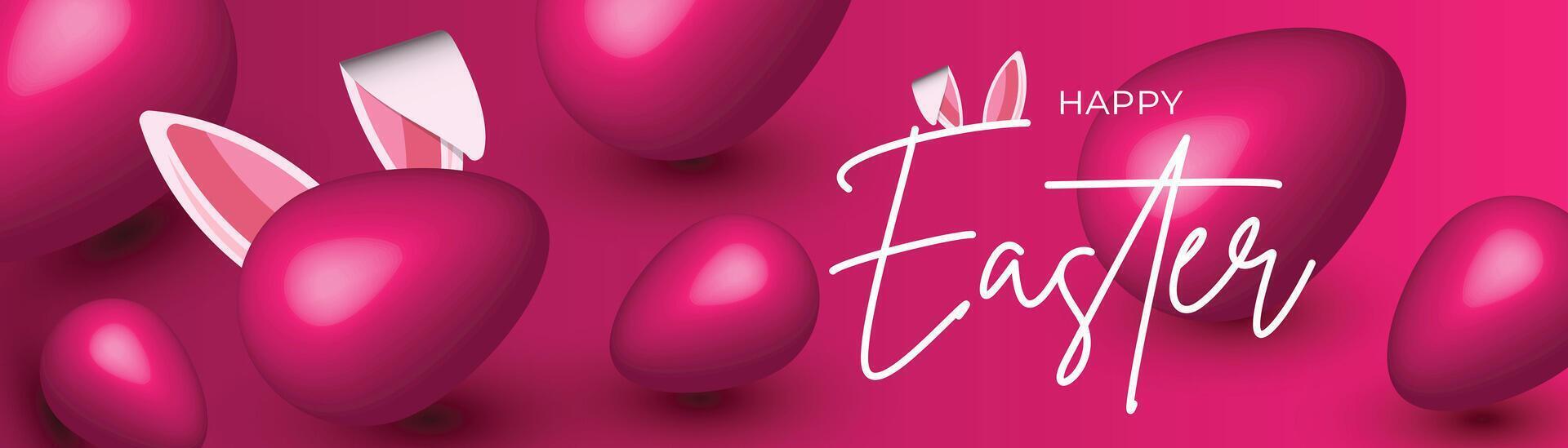 bold pink easter banner with glossy eggs and bunny ears, vibrant festive holiday background design vector