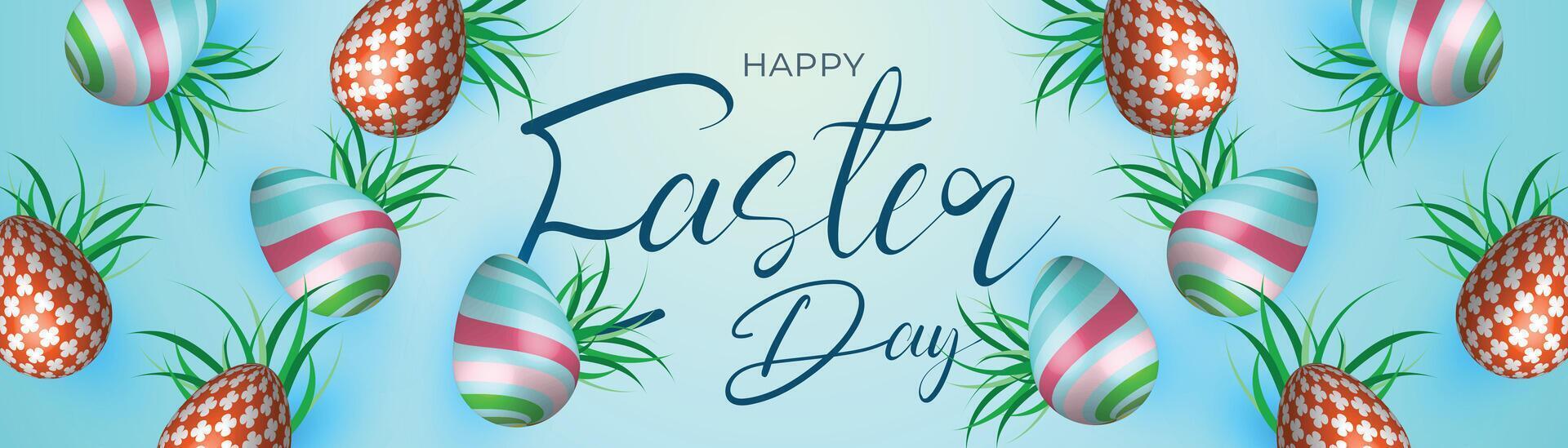 elegant easter banner with decorative eggs and tropical leaves on pastel background, festive spring celebration design vector