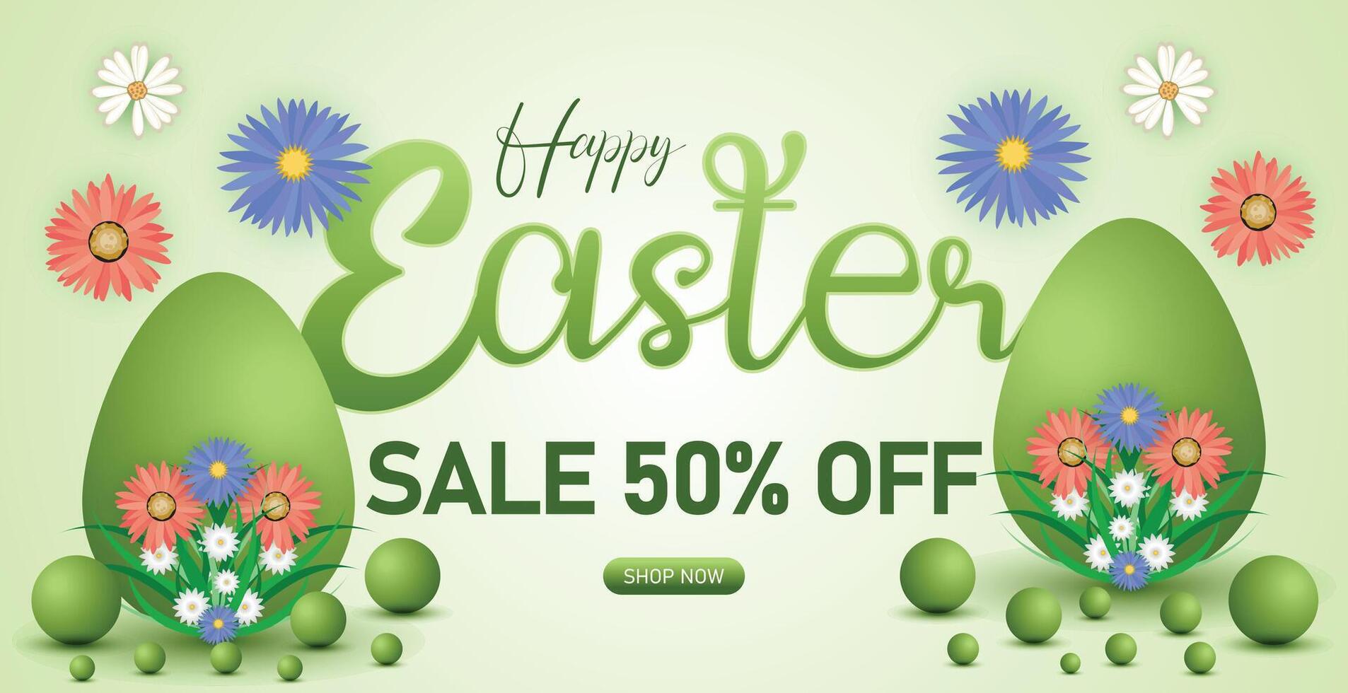 Easter Sale 50 percent Off with a Fresh Spring Look Featuring Flowers and Easter Eggs vector