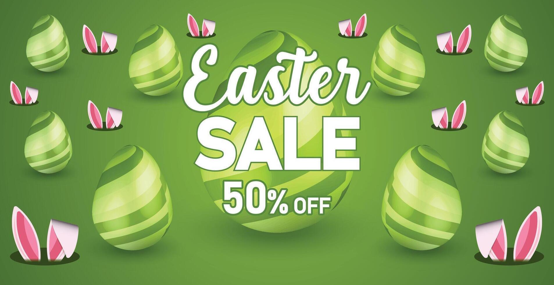 Easter Sale 50 percent Off with Easter Eggs and Spring Flowers in a Bright Green Design vector