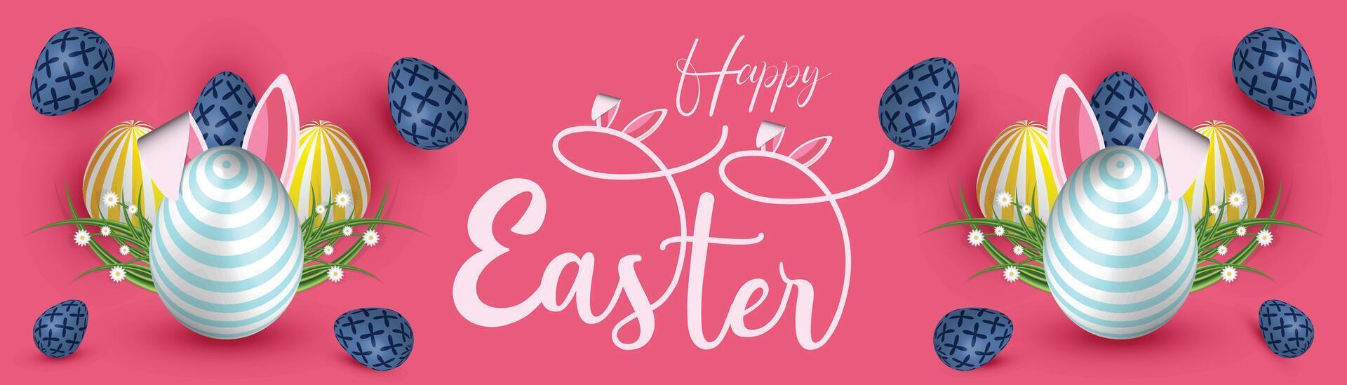 pink easter background with decorated eggs, floral elements, and bunny ears, festive holiday celebration design vector