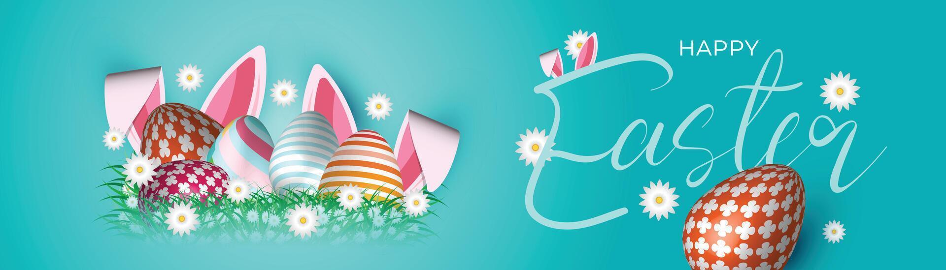 bright easter background with decorated eggs, bunny ears, and grass on turquoise gradient, festive spring holiday vector
