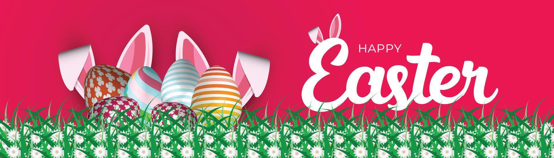 easter banner with colorful eggs and bunny ears on vibrant pink background, festive spring holiday celebration design vector