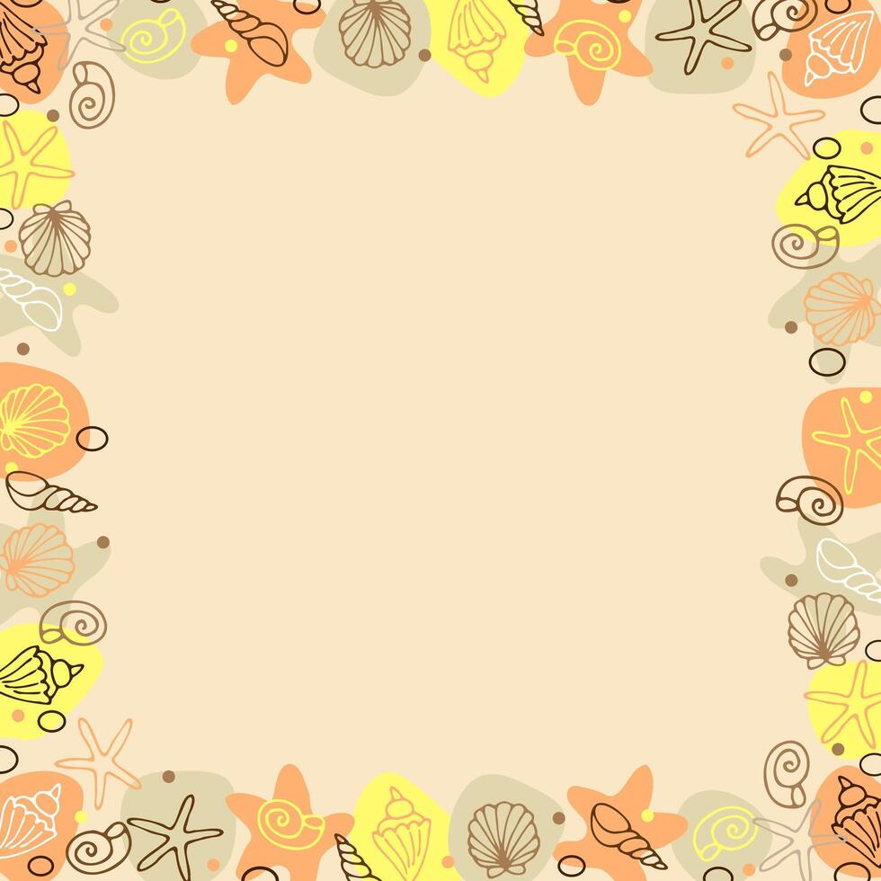 Colorful square frame made of shells and sea stars, hand drawn in cartoon style. vector