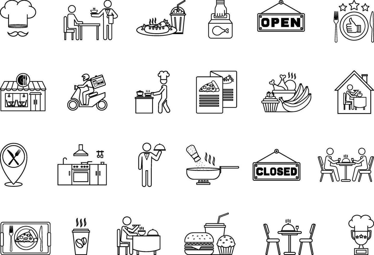 Restaurant Icon Set. Illustrations Food, Chef, Service, Fast Food, Food Preparation, Kitchen, Waiter, Menu, Food Delivery, Cook, Cafeteria, Table and Others vector