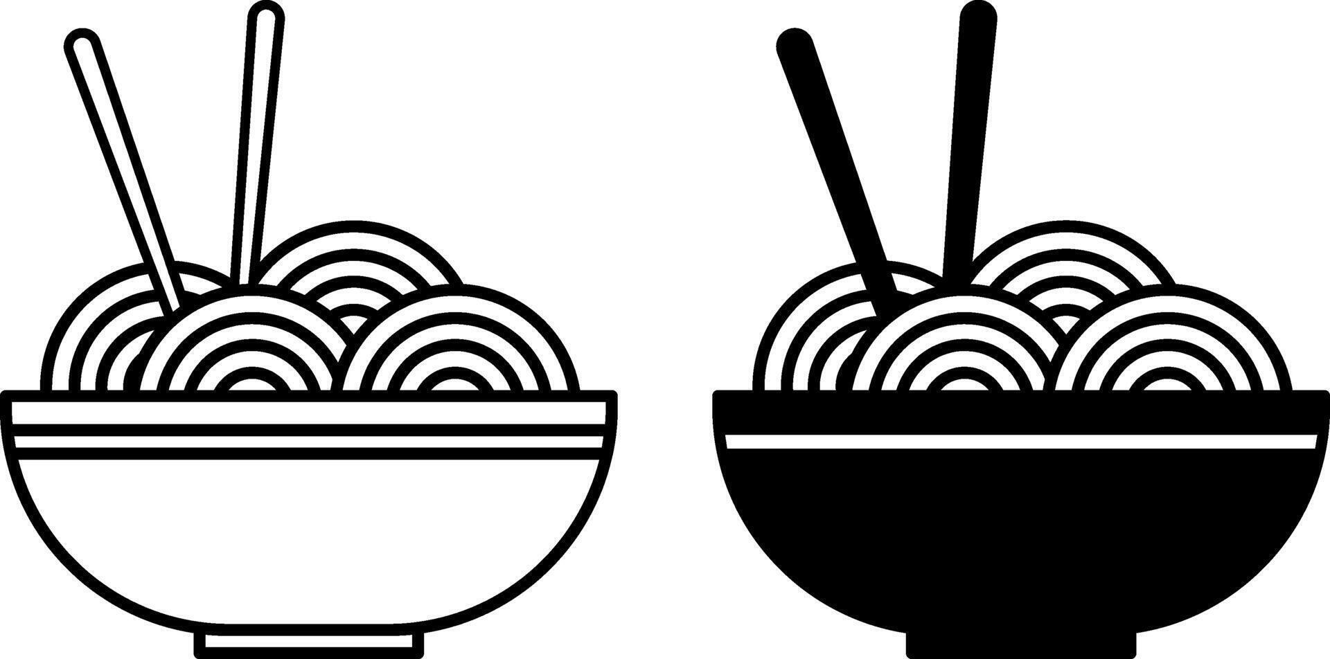 Noodles Icons. Black and White Drawings. Spaghetti in Plate, Chopsticks. Meal Concept vector