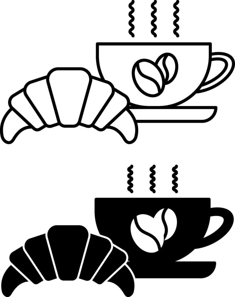 Breakfast Icons. Black and White Drawings. Cup of Hot Coffee and Fresh Croissant. Meal Concept vector