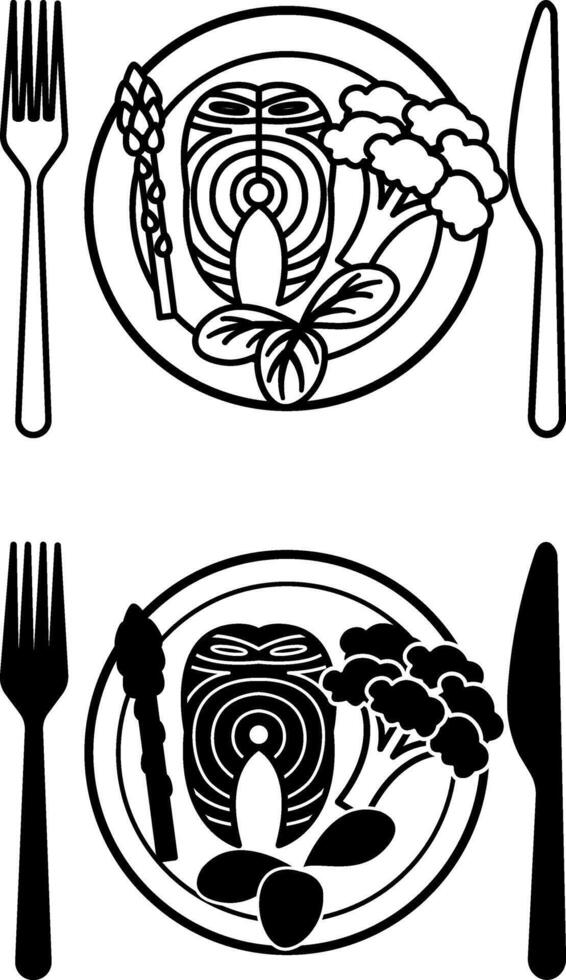 Meal Icons Black And White Drawings Piece Of Fried Fish Broccoli