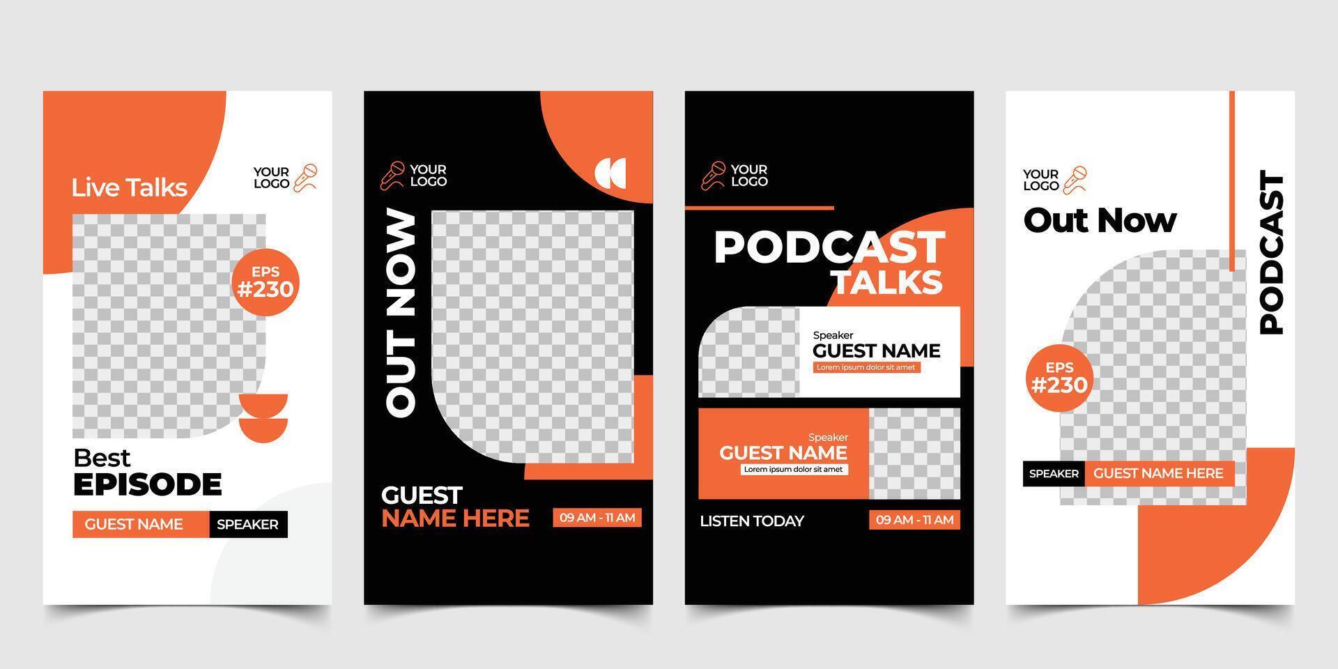 Podcast social media story design template with orange black background vector